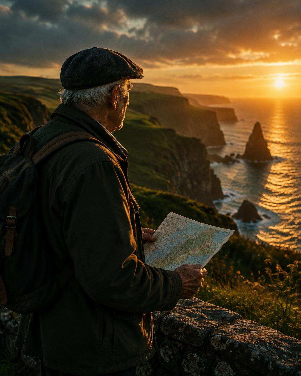 Senior traveler holding a map at a coastal lookout at sunset