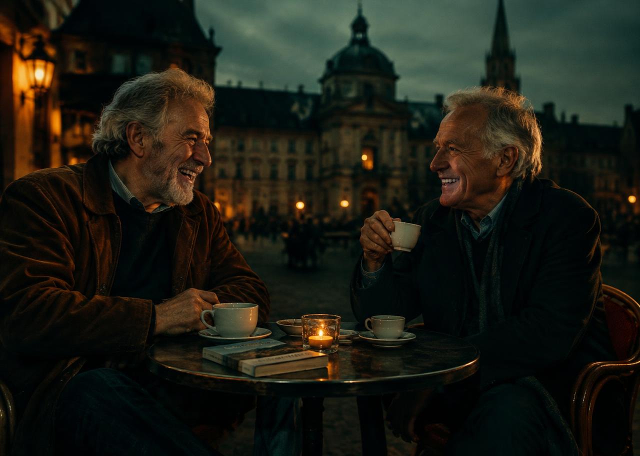 Two senior friends laughing over coffee in a town square