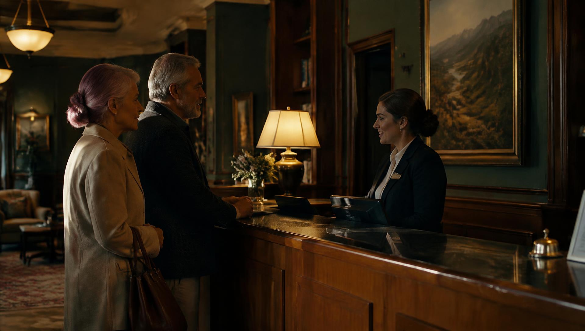Senior couple checking in at a cozy hotel front desk