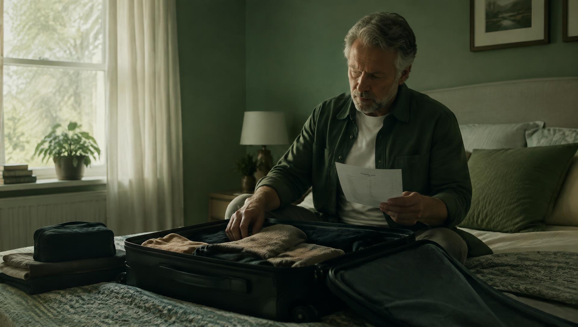 Senior man checking a packing list beside an open suitcase