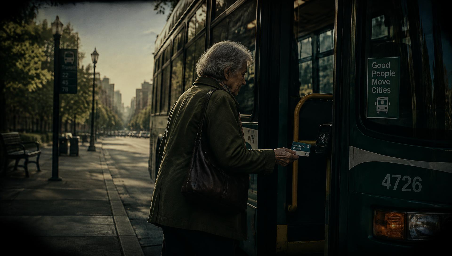 Senior woman boarding a city bus with a transit card